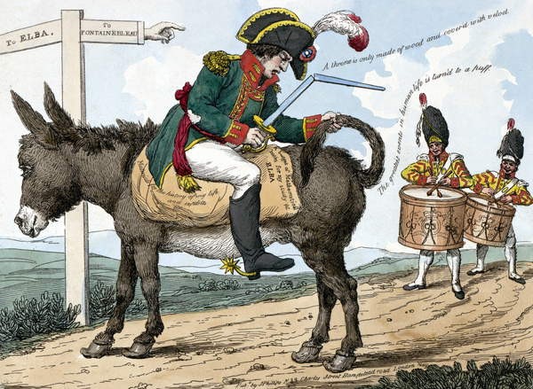 Karrikatur. Napoleon Bonaparte auf einem Esel sitzend.
